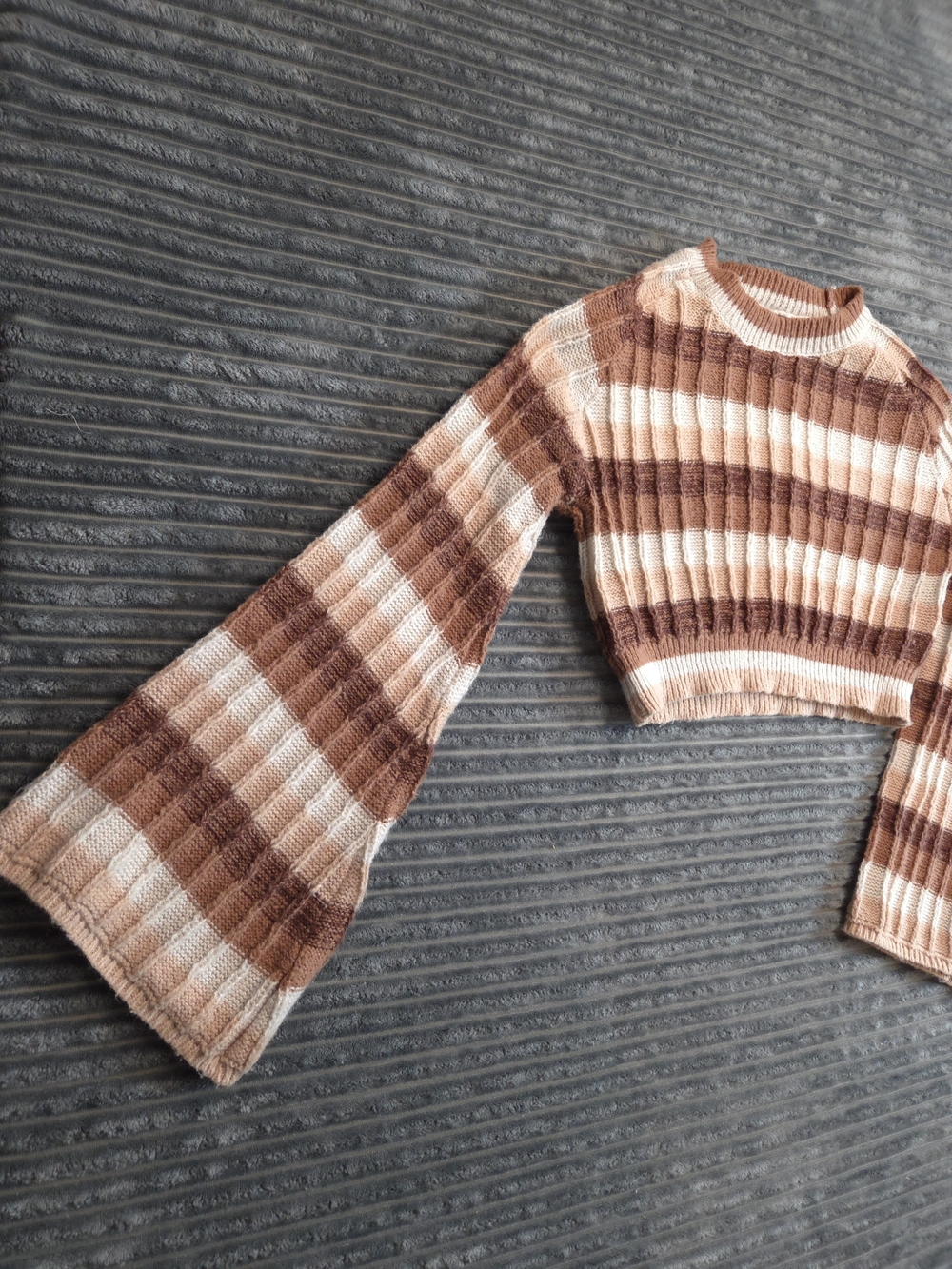 Altar'd State Cropped Striped Bell Sleeve Sweater - Brown, Cream